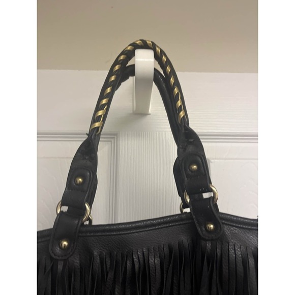Black Faux Leather Fringe Hobo Shoulder Bag with Braided Handle Purse - Picture 2 of 5